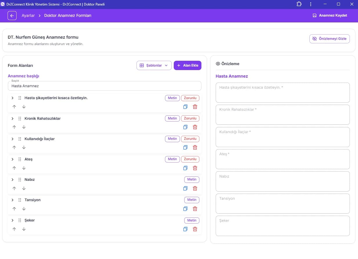 Tıbbi form entegrasyonu ile doktorların tıbbi verilerini kolayca sisteme tanımlayın.